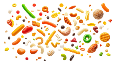 collection of junk food falling  on transparent background