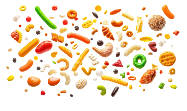 collection of junk food falling  on transparent background