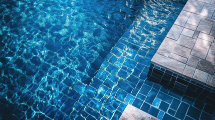 Obraz premium Blue mosaic tiles create a stunning pattern beneath the clear water of a swimming pool showcasing the elegant surface design
