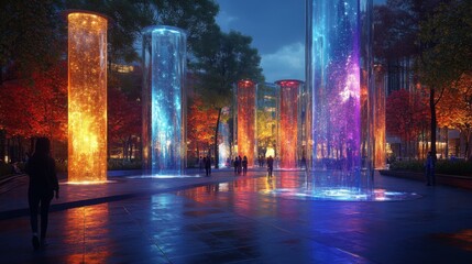 Obraz premium Visitors stroll through a vibrant urban park featuring tall illuminated fountains in shades of blue, orange, and purple, surrounded by colorful autumn foliage.