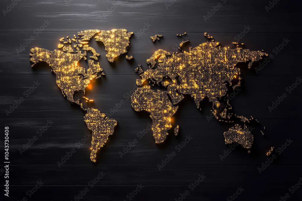 Poster the artwork depicts an abstract world map formed from luminous binary code, highlighting global digi