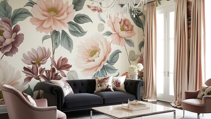 Trendy living room with unique wallpaper and contemporary updates