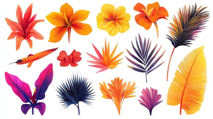 A vibrant collection of colorful tropical leaves and flowers on a white isolate background.