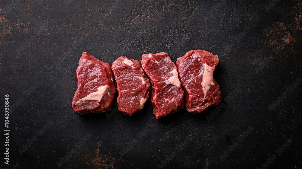 Poster raw beef chuck roll steaks on a dark background viewed from above