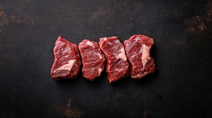 Raw beef chuck roll steaks on a dark background viewed from above