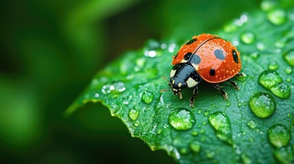 Obraz premium Elegant ladybug resting on a vibrant green leaf adorned with sparkling dew drops