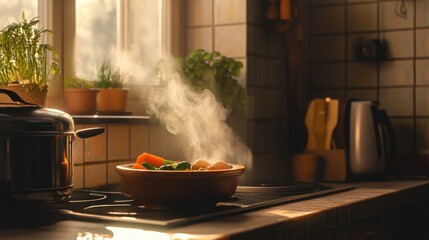 Warm Kitchen with Steaming Food