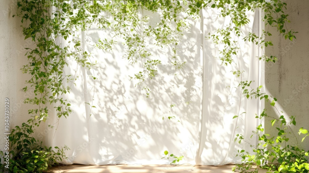 Poster white curtain window with a wooden frame featuring abstract green garden elements illuminated by sun
