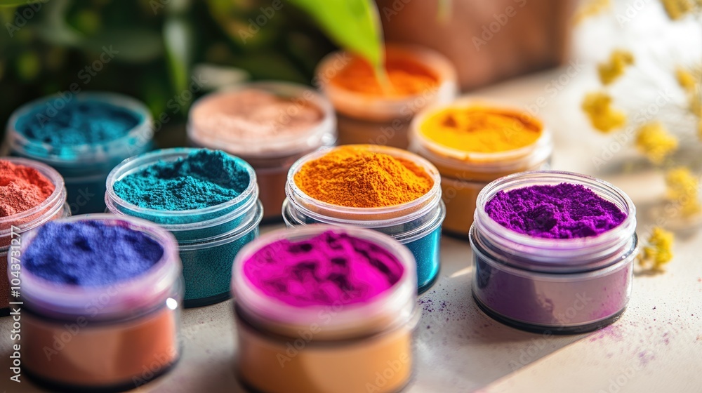 Poster assortment of vibrant powders in small containers on a table with space for text or branding