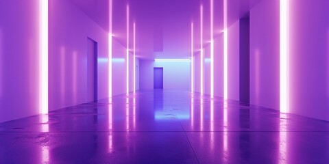 Empty violet hall interrior with neon bright lights on the wall