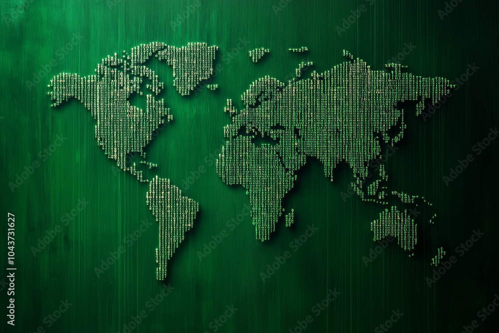 Poster a binary world map on a green background symbolizes tech's role in global communication