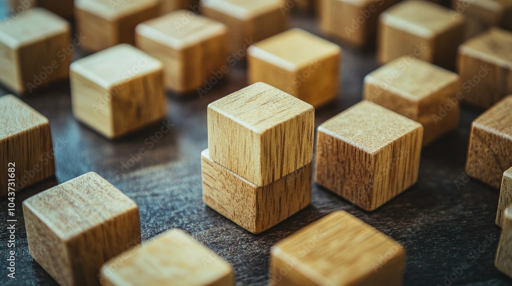 Wall mural Wooden Cubes on a Surface Illustrating E Commerce Logistics and a Concept for a Digital Marketing Board Game