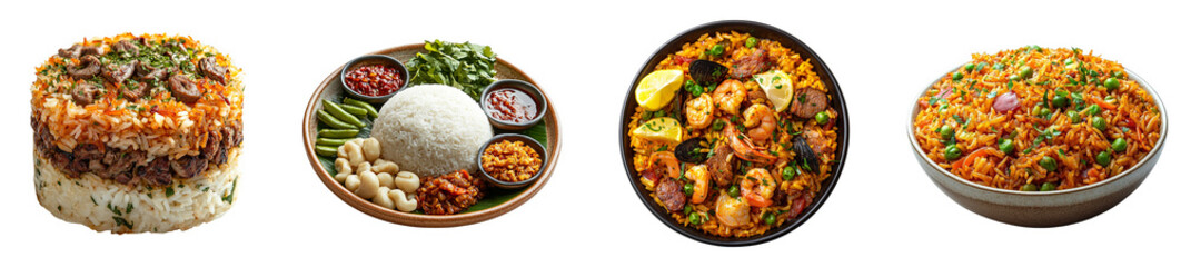 Delicious plates of diverse rice dishes including shrimp and meat transparent background