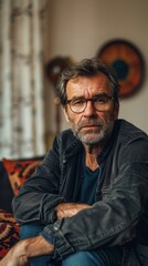Obraz premium Middle-aged man in silver hair, gray beard and black denim jacket sits on couch with crossed arms, looking serious. Room has colorful pillow and gallery wall with round painting.