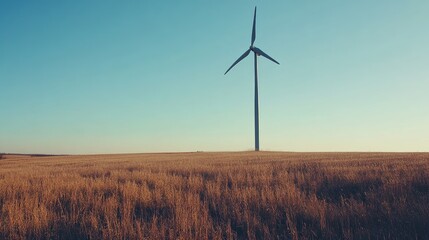 Wind turbine standing tall in a field with a backdrop of a clear sky