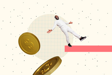 Composite photo collage of happy american guy wear headphones coin dollar income success profit...