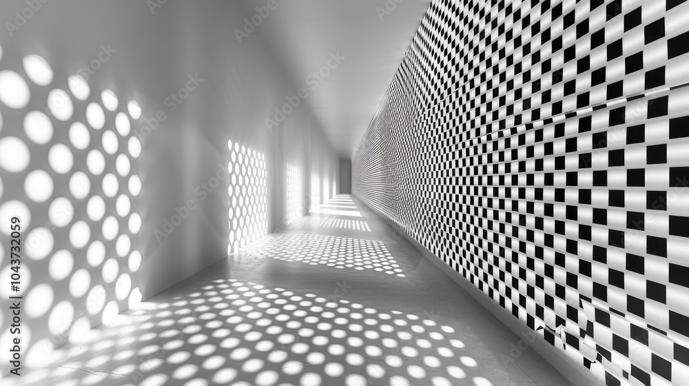 Poster the corridor features unique light patterns created by circular and checkered designs on the walls. 