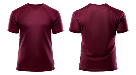 Men's burgundy t-shirt front and back view for mockups on transparent background