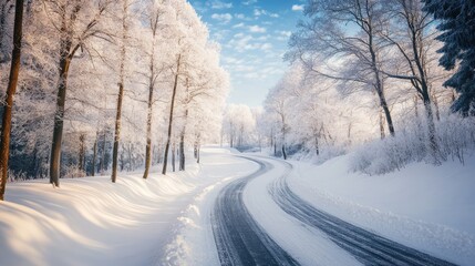 Obraz premium Winding snowy road through a winter forest landscape lined with frosty trees beneath a bright blue sky