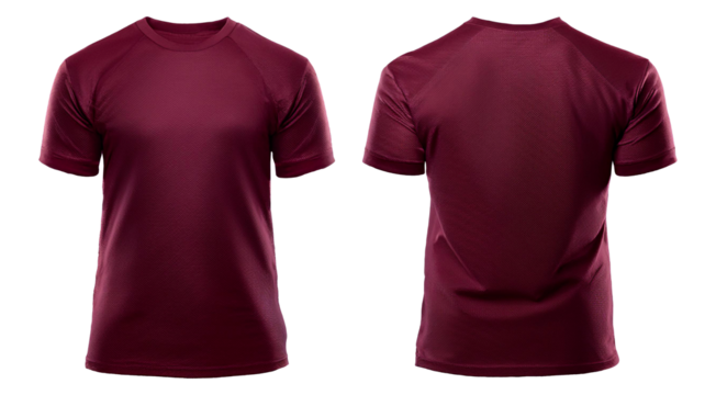 Men's burgundy t-shirt front and back view for mockups on transparent background - Powered by Adobe