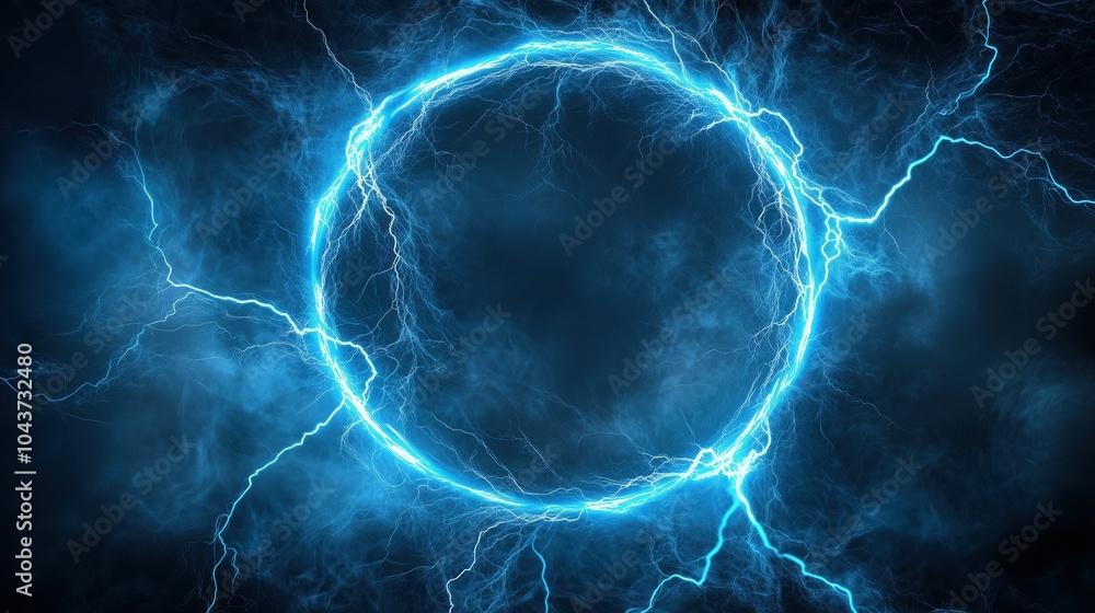 Poster Abstract blue lightning background with a striking circular frame at the center, creating a powerful and energetic visual impact. The high-resolution and ultra-realistic details of the lightning bolts