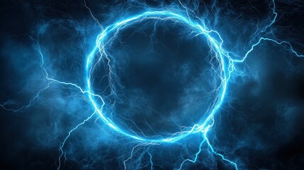 Obraz premium Abstract blue lightning background with a striking circular frame at the center, creating a powerful and energetic visual impact. The high-resolution and ultra-realistic details of the lightning bolts