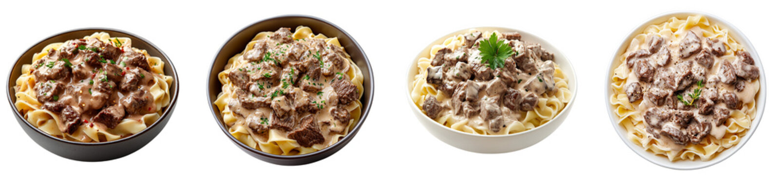 Delicious beef stroganoff served over egg noodles in four bowls transparent background