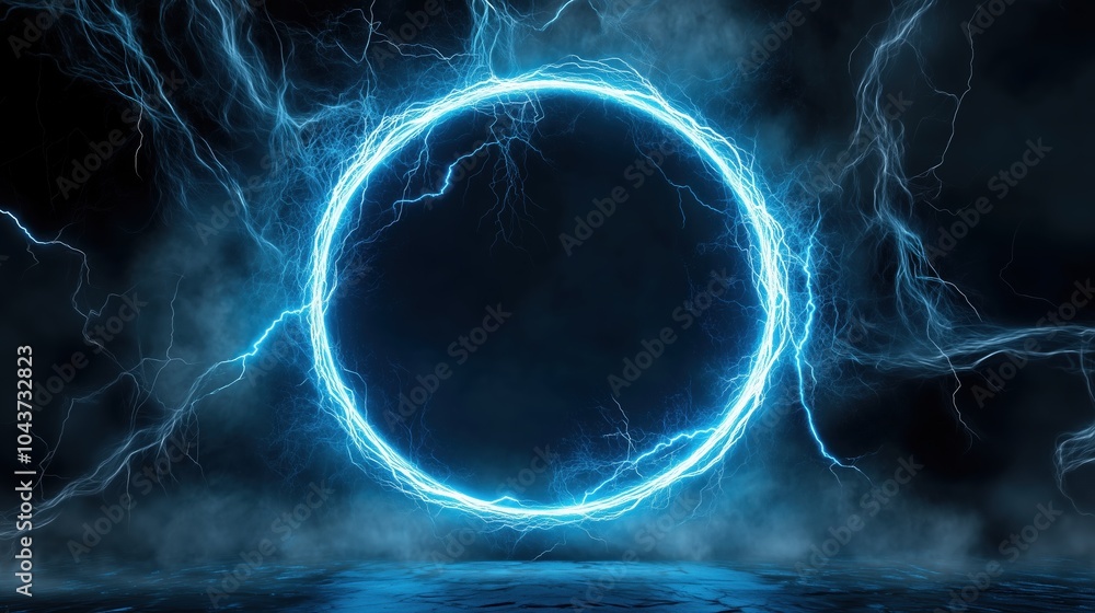 Poster Abstract blue lightning background with a striking circular frame at the center, creating a powerful and energetic visual impact. The high-resolution and ultra-realistic details of the lightning bolts