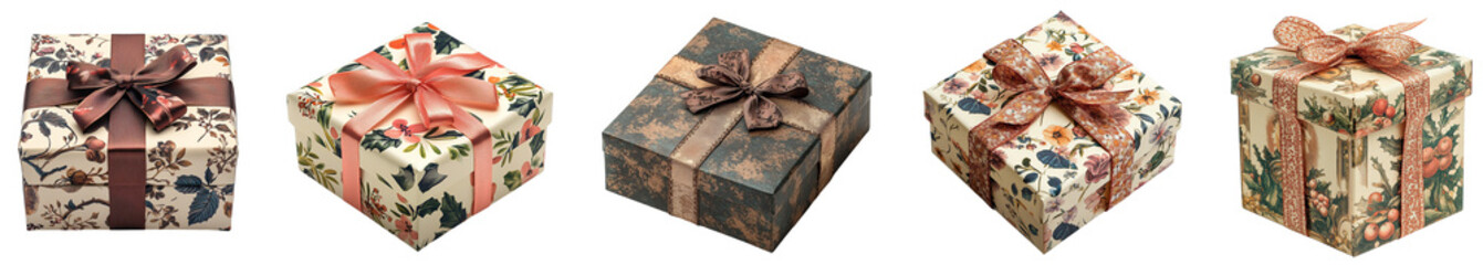 assorted decorative gift boxes with bows elegant floral designs transparent background