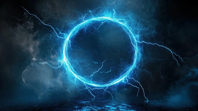Abstract blue lightning background with a striking circular frame at the center, creating a powerful and energetic visual impact. The high-resolution and ultra-realistic details of the lightning bolts