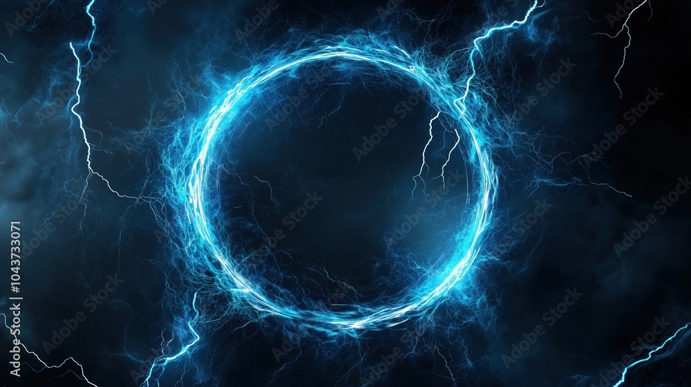 Poster Abstract blue lightning background with a striking circular frame at the center, creating a powerful and energetic visual impact. The high-resolution and ultra-realistic details of the lightning bolts