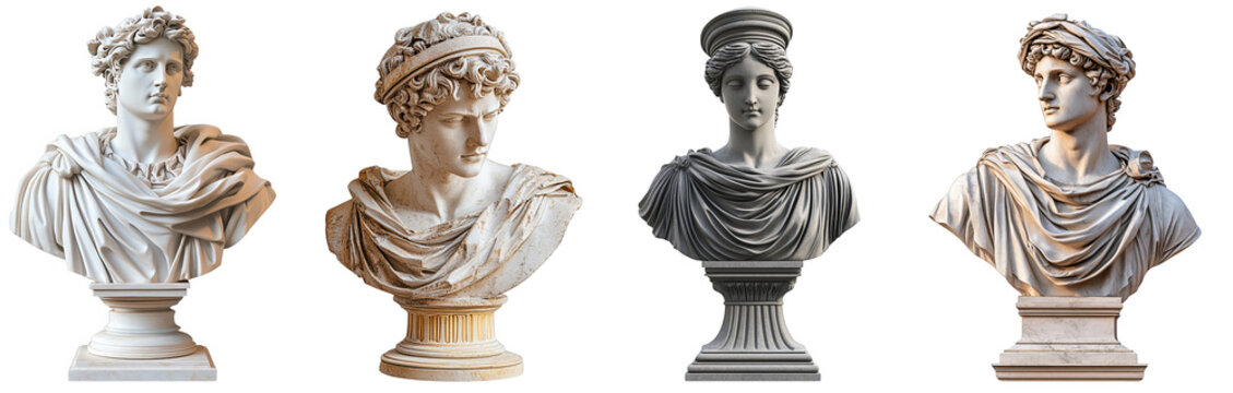 classical bust sculptures depicting ancient Greek and Roman art transparent background