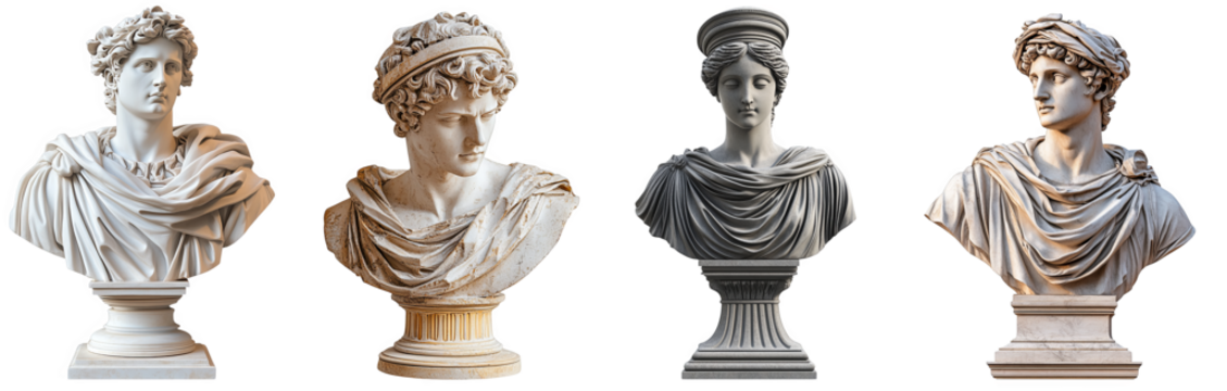 classical bust sculptures depicting ancient Greek and Roman art transparent background - Powered by Adobe
