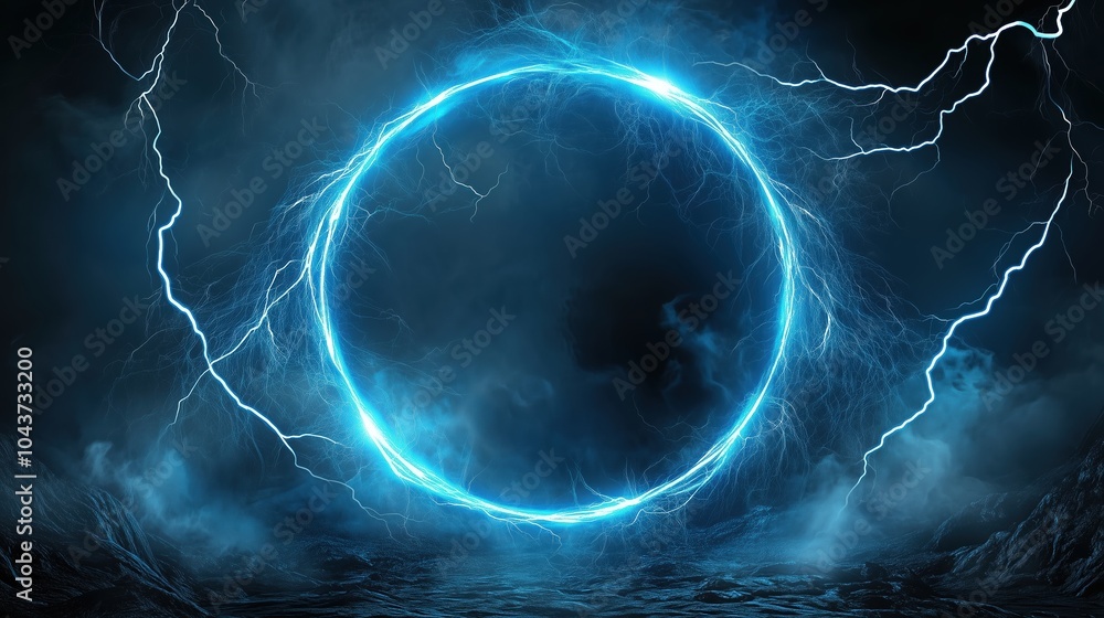 Poster Abstract blue lightning background with a striking circular frame at the center, creating a powerful and energetic visual impact. The high-resolution and ultra-realistic details of the lightning bolts