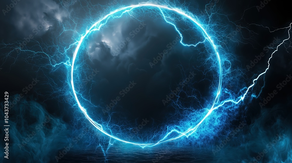 Aufkleber Abstract blue lightning background with a striking circular frame at the center, creating a powerful and energetic visual impact. The high-resolution and ultra-realistic details of the lightning bolts