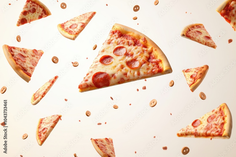 Poster dynamic slices of pepperoni pizza soar diagonally across the background, creating a fun and vibrant 
