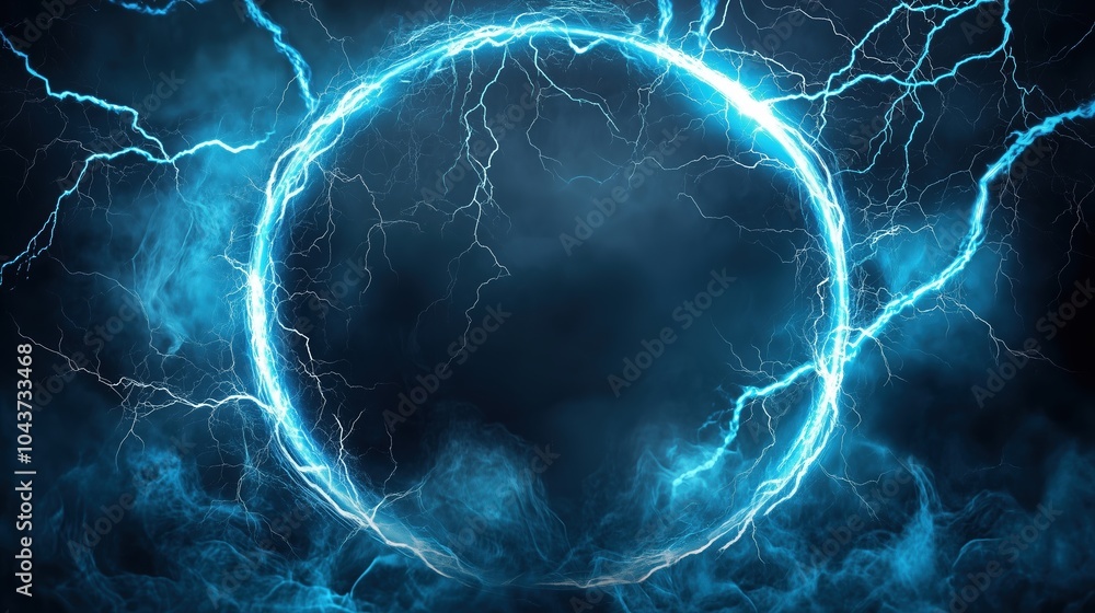 Aufkleber Abstract blue lightning background with a striking circular frame at the center, creating a powerful and energetic visual impact. The high-resolution and ultra-realistic details of the lightning bolts
