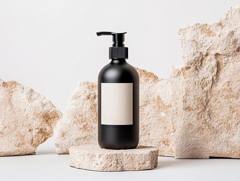 Matte black bottle pump with a bold label, standing against a stone-textured background, perfect for men's grooming product lines