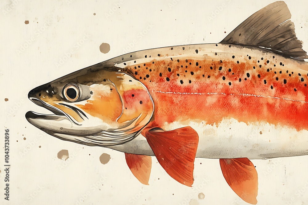 Wall mural Watercolor Painting of a Trout Fish with Splashes of Color.