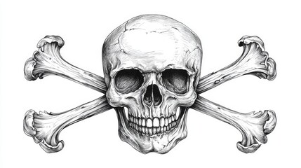Tattoo design, Gothic elements, skull and crossbones, engraving, illustration. Black and white image on a white background