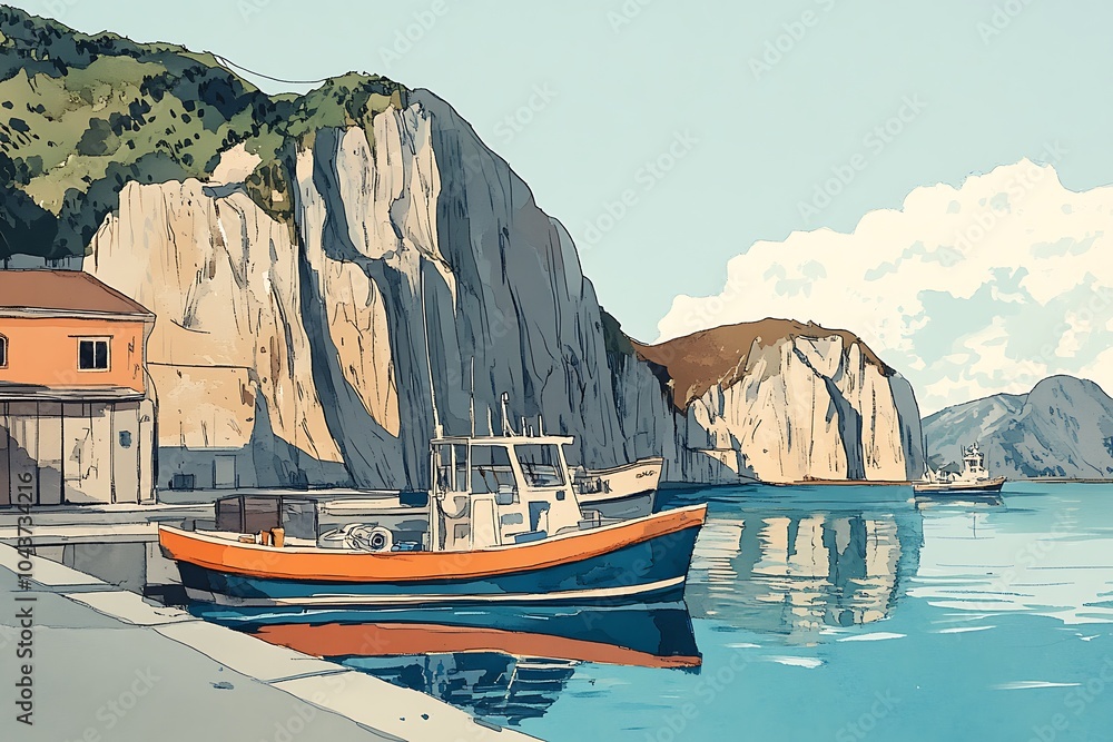 Wall mural A Picturesque Harbor Scene with a Boat Moored Against a Dramatic Cliffside.