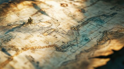 A close-up of a hand-drawn treasure map with marked routes and landmarks