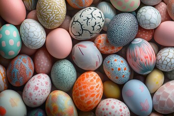 Colorful collection of decorated Easter eggs arranged together in various patterns and shades for a festive spring celebration