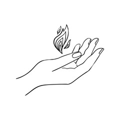 Hand holding a flame, linear icon