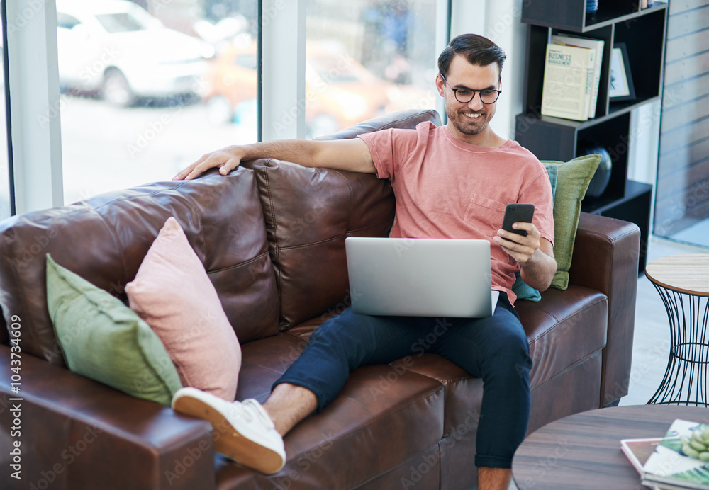 Poster Couch, laptop and remote work with man, phone and relax with social media break and rest. Freelancer, email and technology with content creation employee and ux update with internet search and scroll