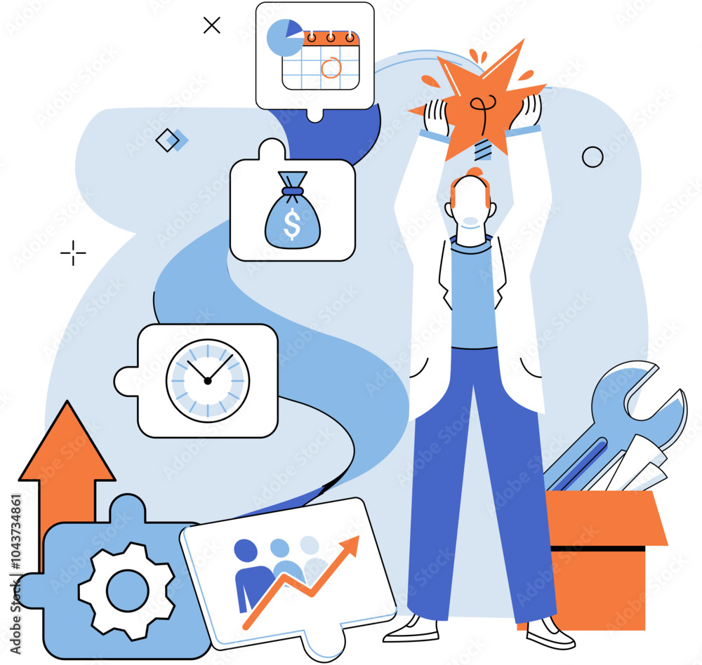 Fototapete person work with abstract business system, organizing data, analyzing statistics. business developme