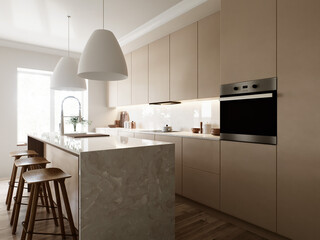 A modern minimalist kitchen with an elegant finish that emphasizes style and functionality