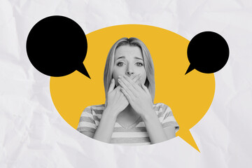 Composite trend artwork 3D sketch image photo collage of speech cloud monochrome young lady cover...