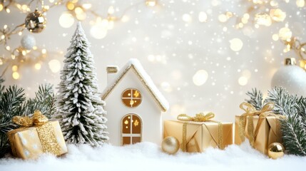 Obraz premium Christmas decorations, presents on snow-covered ground