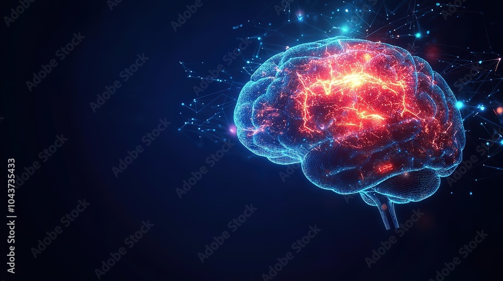 Poster big data and artificial intelligence concept. human brain glowing from processor, symbolizing the fu